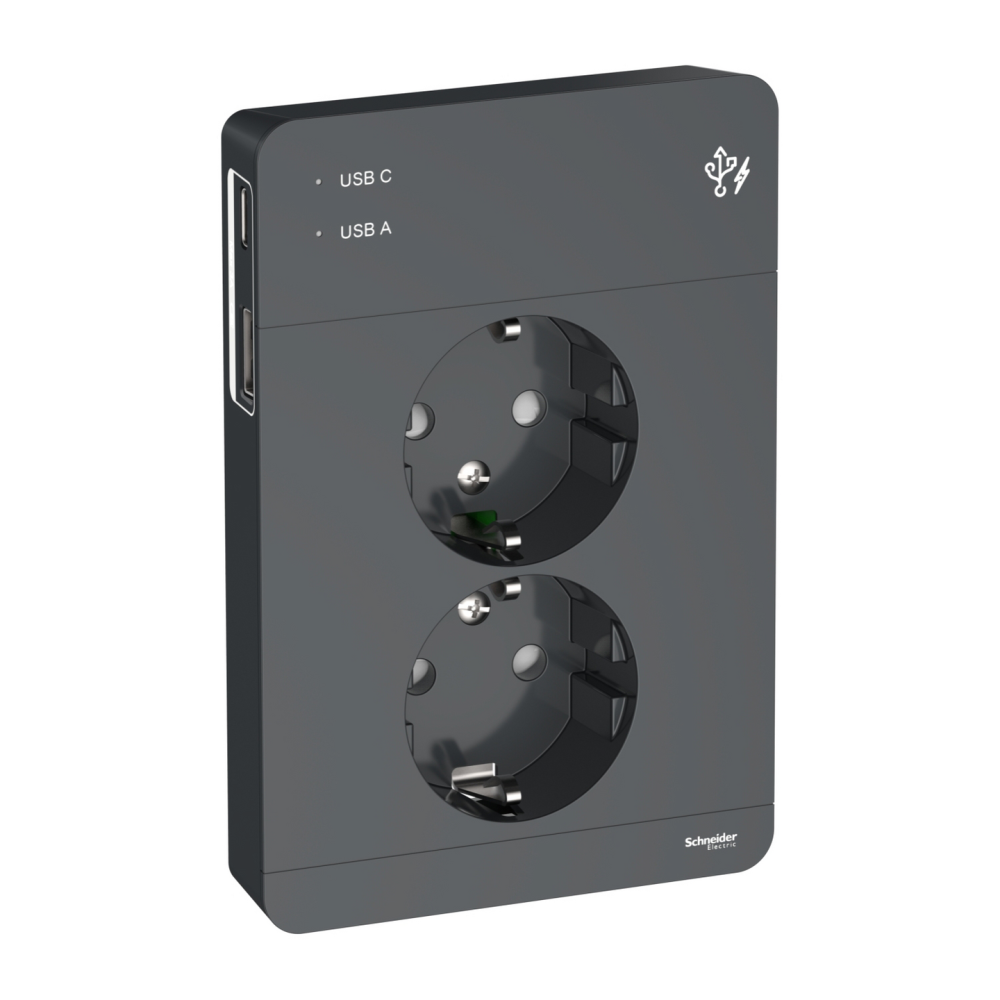 VÄGGUTTAG SCHNEIDER ELECTRIC EXXACT 2-V USB 3A TY, ANTRACIT