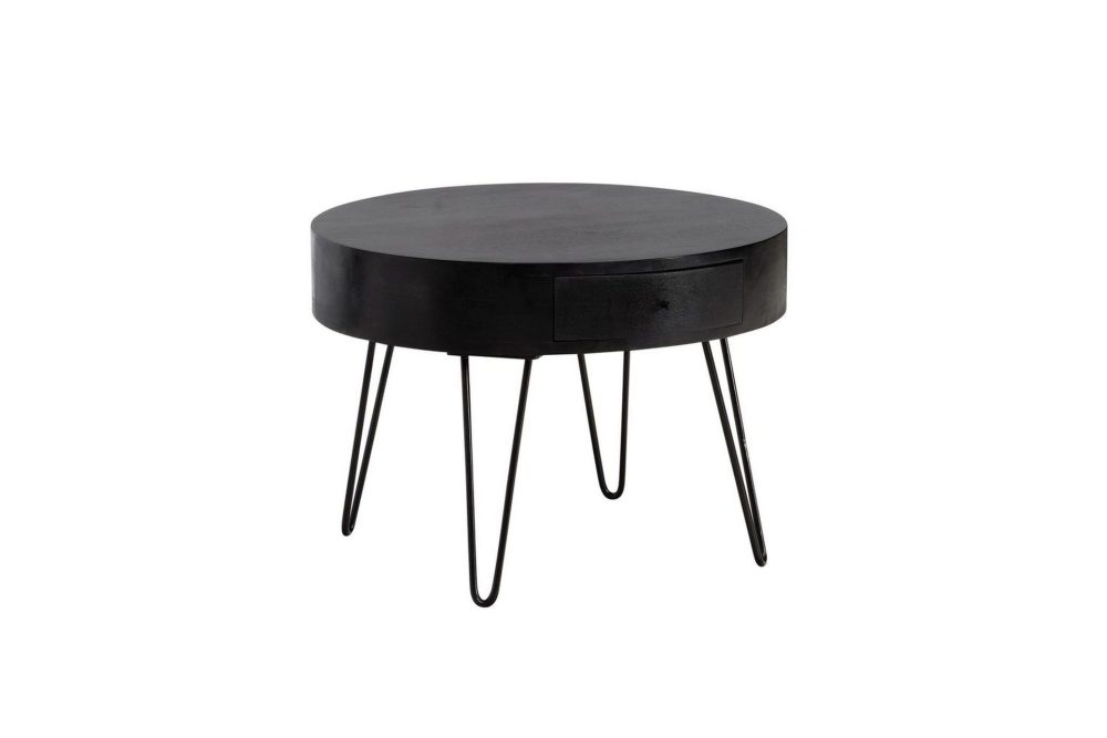 Soffbord Wohnling massivt trä 60 cm rund med låda, lantlig stil Svart