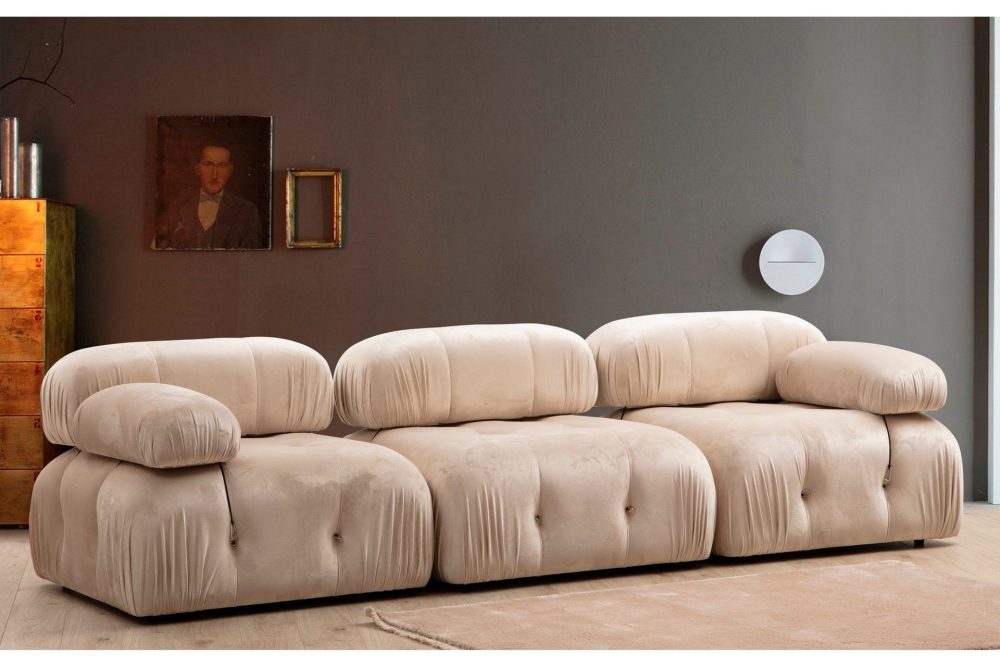 Belgin Bubblig Soffa 3-sits med fasta armstöd och repdetaljer