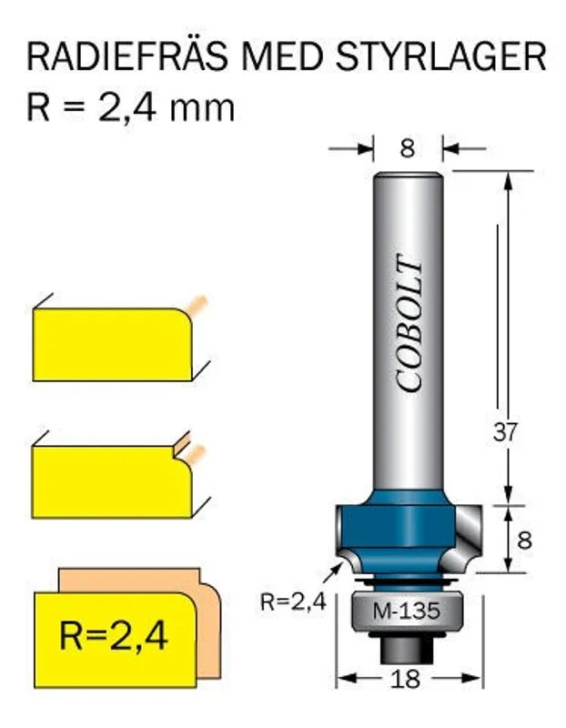 Cobolt Avrundningsfräs R=2.4 D=18 L=8