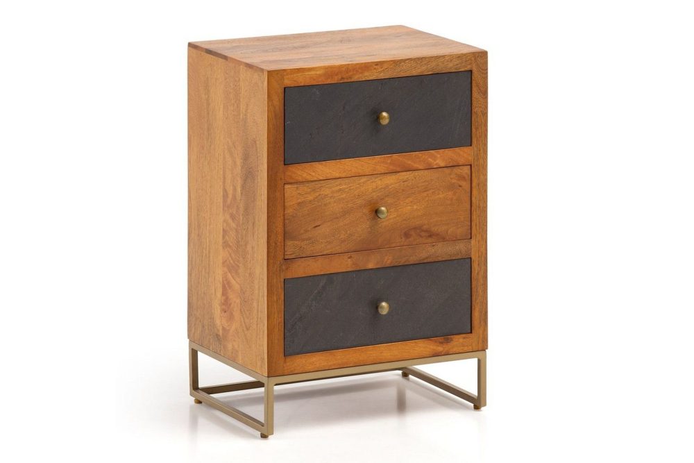 Sängbord Wohnling gjord av massivt trä för boxspringbädd med 3 lådor, skifferlook, i lantlig stil Brun, Svart