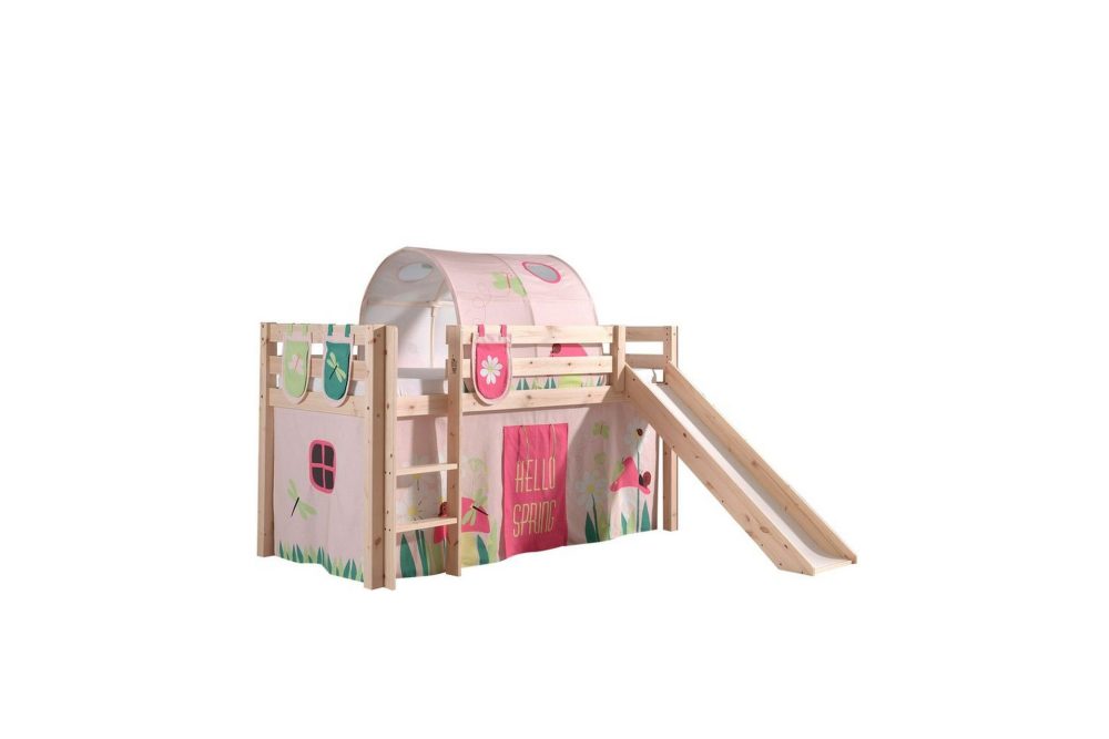 Halvhöjdssäng med gardin Pino Spring Naturlig, Naturlig, Med rutschkana, Vår, Fjäder, 3