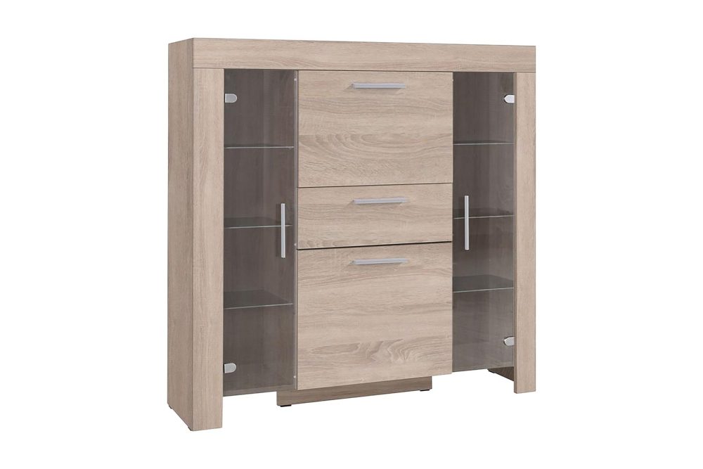 Cezar Lågt Vitrinskåp Vit LED Belysning 42 cm djup 130 cm bred 131 cm hög Ljust Trä Ek Glas