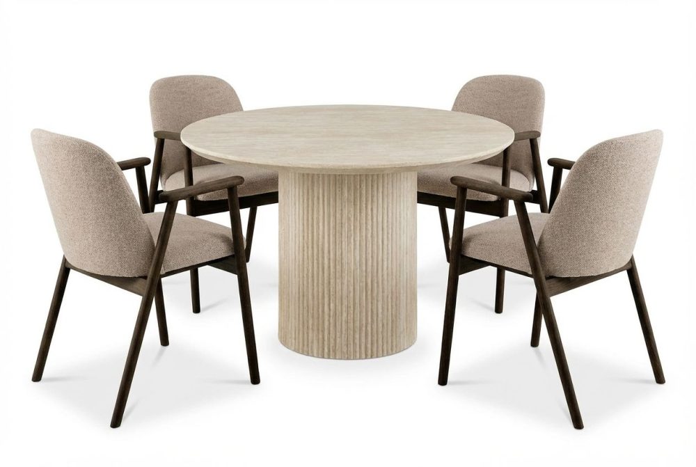 Uppveda Matbord Runt 120 cm Travertin med 4 Reciclar Matstolar